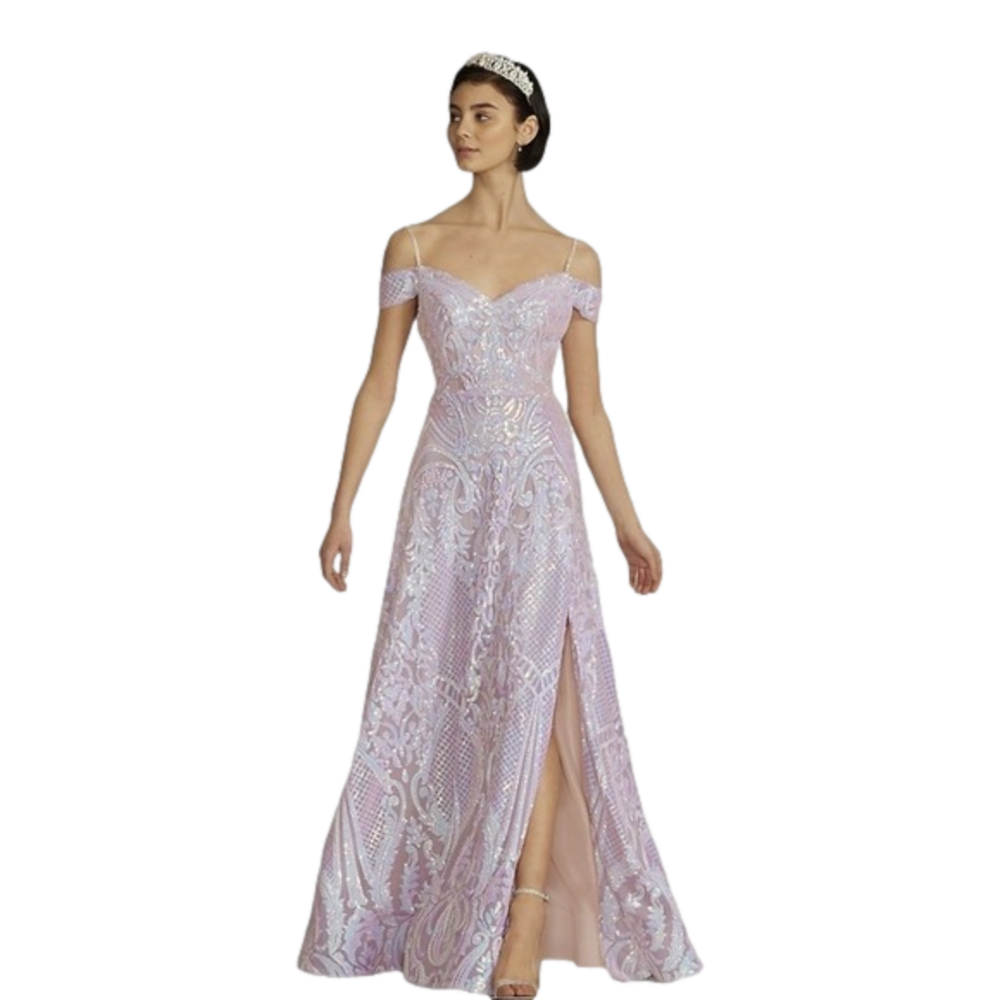 JULES And Cleo Off-The-Shoulder Patterned A-Line With Slit Prom Dress